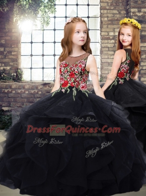 Tulle Sleeveless Floor Length Kids Formal Wear and Embroidery and Ruffles