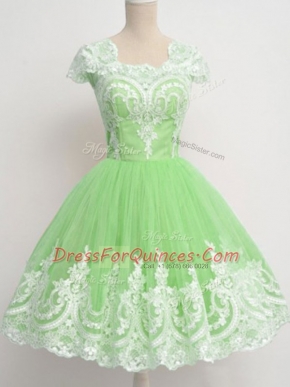 Sweet Cap Sleeves Tulle Knee Length Zipper Quinceanera Court of Honor Dress in with Lace