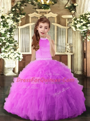 Perfect Lilac Ball Gowns Beading and Ruffles Little Girls Pageant Dress Wholesale Backless Tulle Sleeveless Floor Length