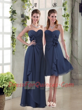 Navy Blue Ruching and Hand Made Flowers  Dama Dresses with Sweetheart