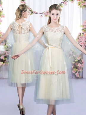 Enchanting Champagne Empire Scoop Sleeveless Tulle Tea Length Lace Up Lace and Belt Vestidos de Damas