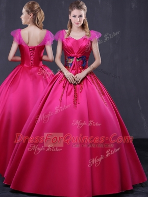 Latest Cap Sleeves Satin Floor Length Lace Up 15th Birthday Dress in Hot Pink with Appliques