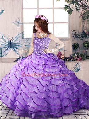 Lavender Lace Up Little Girls Pageant Dress Wholesale Beading and Ruffled Layers Sleeveless Brush Train