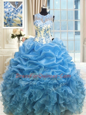 Ideal Scoop Sleeveless Floor Length Beading and Ruffles Zipper Sweet 16 Dresses with Baby Blue