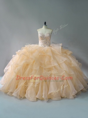Stylish Gold Lace Up Sweetheart Beading and Ruffles Quinceanera Gowns Organza Sleeveless Brush Train