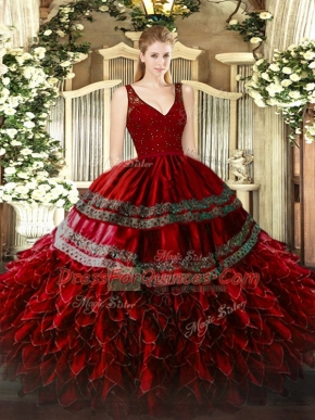 Beautiful Sleeveless Floor Length Beading and Lace and Ruffles Backless Sweet 16 Dresses with Wine Red