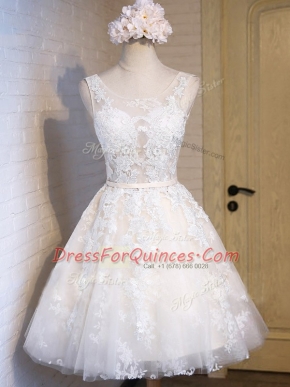 Mini Length White Prom Dress Scoop Sleeveless Lace Up