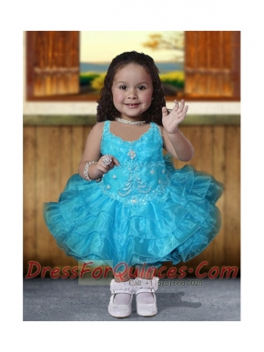 Popular Ball Gown Straps Tea-length Beading Blue Little Girl Dress