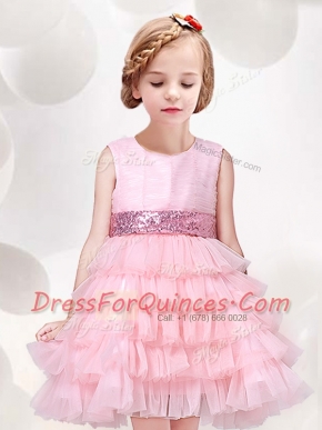 Scoop Sleeveless Toddler Flower Girl Dress Mini Length Ruffled Layers and Sequins and Bowknot Baby Pink Tulle