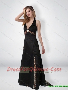 Simple Empire Halter Top Beaded Camo Prom Dresses with Brush Train