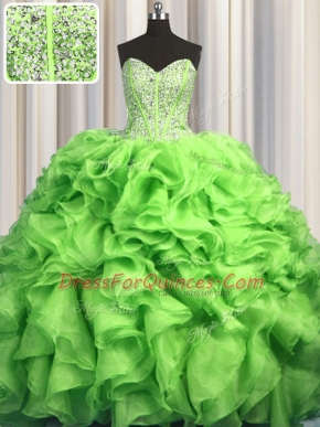 Hot Sale Visible Boning Brush Train Sweetheart Sleeveless Sweet 16 Dress With Train Sweep Train Beading and Ruffles Green Organza