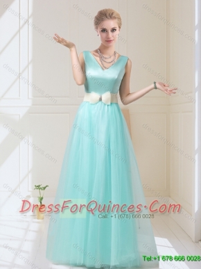 Delicate V Neck Floor Length Dama Dresses with Bowknot for 2015