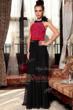 Red And Black Scoop Side Zipper Ruching and Hand Made Flower Evening Dress Sleeveless