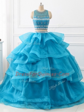 Adorable Tulle Sleeveless Quince Ball Gowns Brush Train and Beading and Ruffles