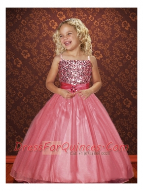 Watermelon Spaghetti Straps Ball Gown Beading Little Girl Pageant Dress for 2014