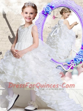 Lovely Scoop High Low White Flower Adorable Little Girl Pageant Dresses with Ruffled Layers