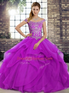 Purple Lace Up Off The Shoulder Beading and Ruffles Quinceanera Gowns Tulle Sleeveless Brush Train