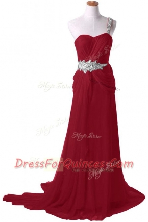 One Shoulder With Train Zipper Prom Party Dress Burgundy for Prom with Beading Watteau Train
