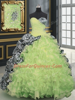 Decent Printed Sleeveless With Train Beading and Ruffles and Pattern Lace Up Ball Gown Prom Dress with Yellow Green Brush Train