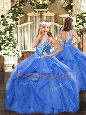Beading and Ruffles Little Girls Pageant Gowns Blue Lace Up Sleeveless Floor Length