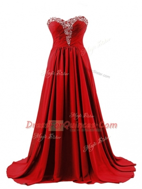Red Lace Up Homecoming Dress Beading Sleeveless Brush Train