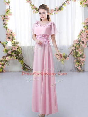 Amazing Rose Pink Chiffon Zipper Scoop Short Sleeves Floor Length Court Dresses for Sweet 16 Appliques