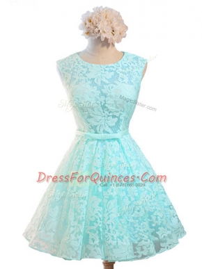 Excellent Aqua Blue Lace Up Scoop Belt Dama Dress for Quinceanera Lace Sleeveless