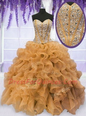 Elegant Gold Quinceanera Gown Military Ball and Sweet 16 and Quinceanera and For with Beading and Ruffles Sweetheart Sleeveless Lace Up