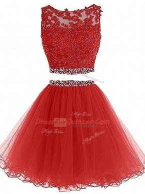 Sleeveless Tulle Mini Length Zipper Dress for Prom in Red with Beading