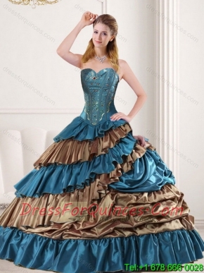 Luxurious Beading and Ruffled Layers 2015 Quinceanera Dress in Teal and Brown