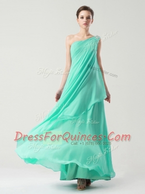 On Sale One Shoulder Sleeveless Side Zipper Ankle Length Beading and Ruching Dress for Prom