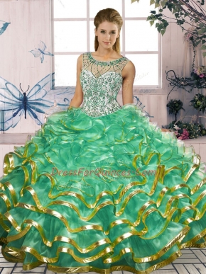 Ball Gowns Quinceanera Gown Turquoise Scoop Organza Sleeveless Floor Length Lace Up