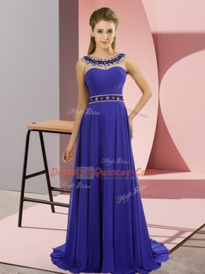Custom Design Blue Empire Beading Prom Dresses Zipper Chiffon Sleeveless