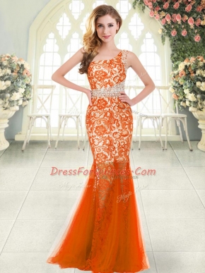 One Shoulder Sleeveless Tulle Prom Dress Beading and Lace Zipper