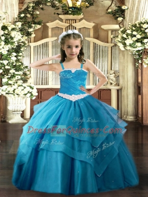 Discount Appliques and Ruffled Layers Little Girls Pageant Gowns Baby Blue Lace Up Sleeveless Floor Length