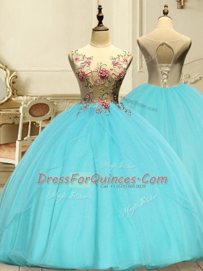 Dazzling Aqua Blue Lace Up 15 Quinceanera Dress Appliques Sleeveless Floor Length