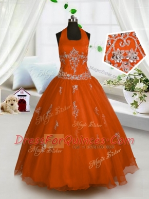 Red Halter Top Lace Up Appliques Kids Pageant Dress Sleeveless