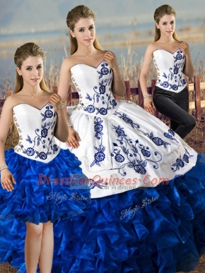 Blue And White Sleeveless Embroidery and Ruffles Floor Length Sweet 16 Quinceanera Dress