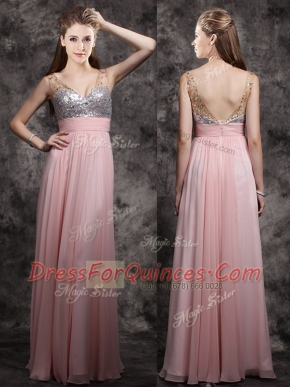 Floor Length Baby Pink Prom Dresses Chiffon Sleeveless Beading and Sequins