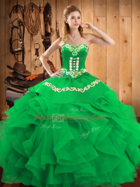 Top Selling Floor Length Lace Up Quinceanera Dresses Green for Military Ball and Sweet 16 and Quinceanera with Embroidery