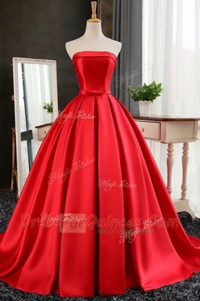 Gorgeous Pleated Red Prom Party Dress Strapless Sleeveless Sweep Train Lace Up