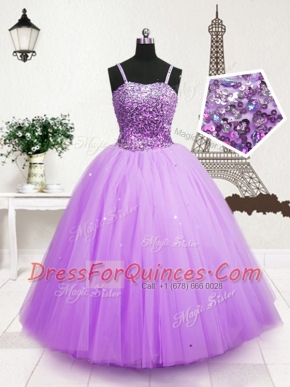 Lavender Little Girls Pageant Gowns Party and Wedding Party and For with Beading and Sequins Spaghetti Straps Sleeveless Zipper