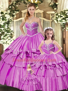 Beading and Ruffled Layers Quinceanera Dress Lilac Lace Up Sleeveless Floor Length
