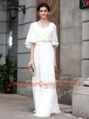 White Column/Sheath Square Half Sleeves Chiffon Floor Length Zipper Beading Prom Gown