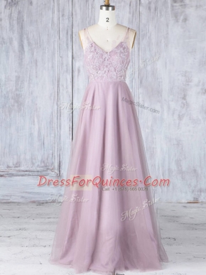 Custom Designed Pink Sleeveless Lace Floor Length Dama Dress for Quinceanera