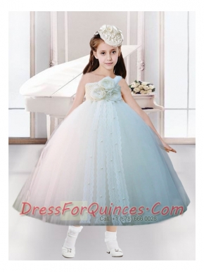 Classical Ball Gown Beading Tulle 2014 Little Girl Dress with One Shoulder