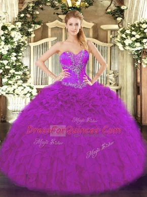 Glittering Floor Length Fuchsia Quinceanera Dresses Organza Sleeveless Beading and Ruffles