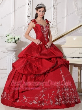 Wine Red Ball Gown Straps Floor-length Taffeta Embroidery Sweet 16 Dress