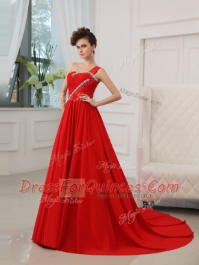 Top Selling One Shoulder Red Zipper Homecoming Dress Beading and Ruching Sleeveless Court Train