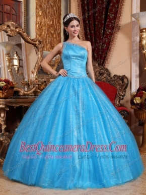 Teal  Ball Gown One Shoulder Floor-length Tulle and Taffeta Beading Quinceanera Dress